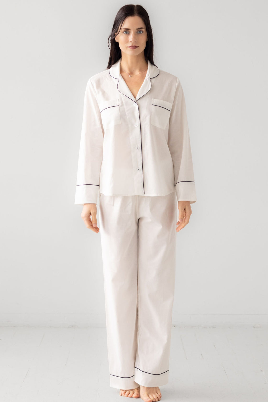 Classic Woven Cotton Pajama Set in White Navy - PAJAMAS photo