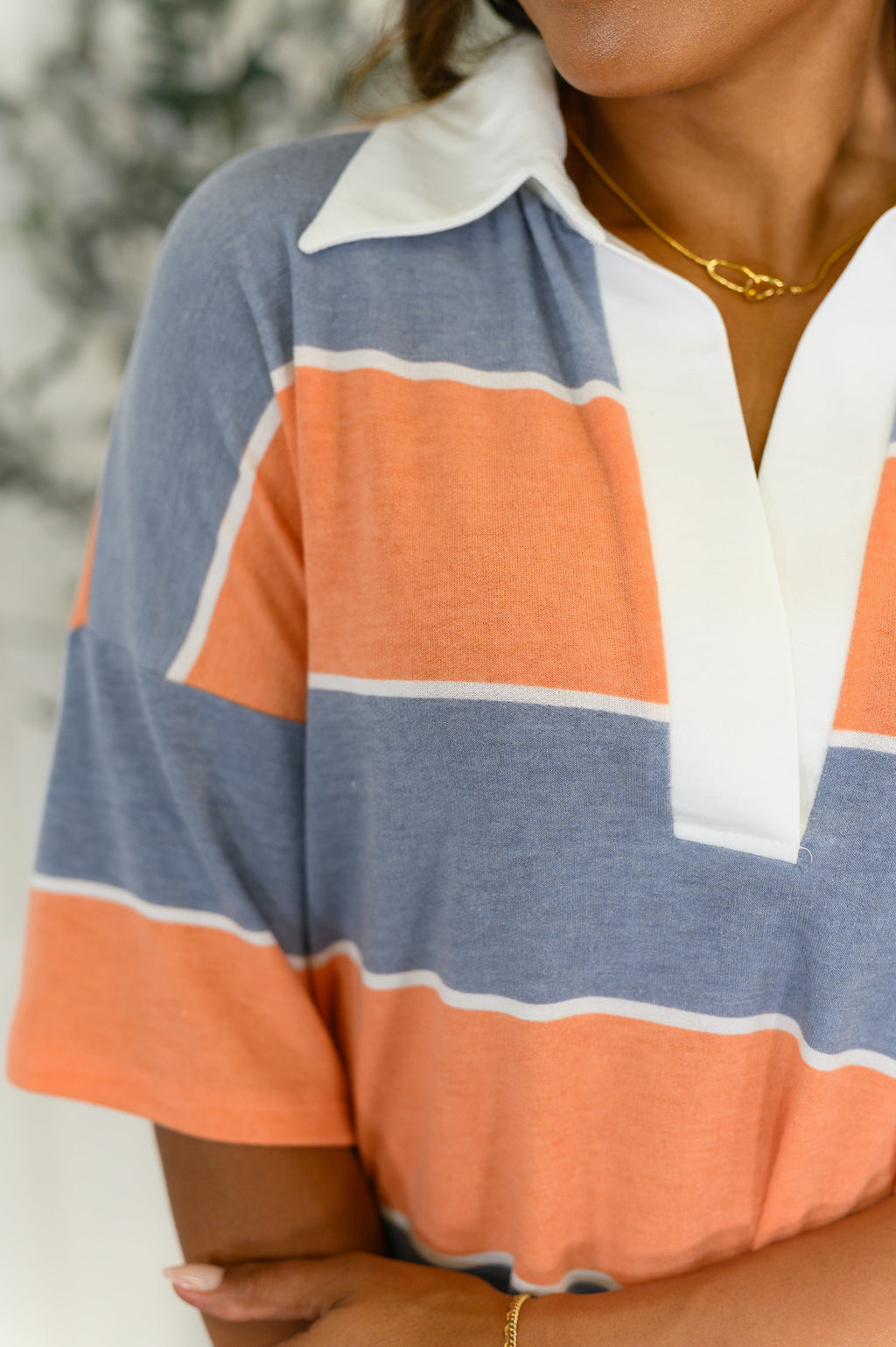 Cloudbound Collared Casual Top in Orange and Denim - SwagglyLife Home & Fashion