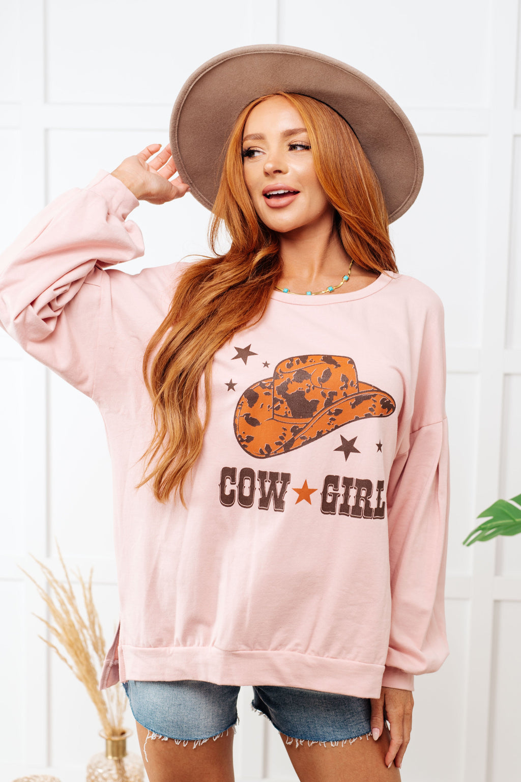 Cow Girl Graphic Pullover in Dusty Pink in - Tops photo