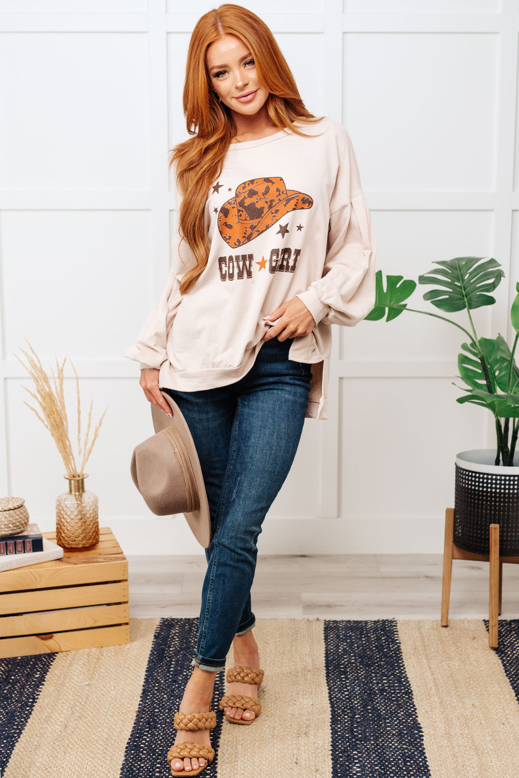 Cow Girl Graphic Pullover in Stone in - Tops photo