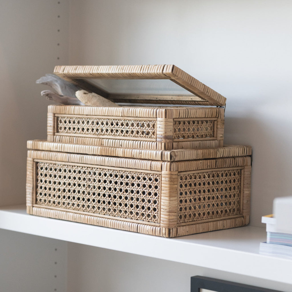 Woven Rattan Wood Display Boxes with Glass Lid | 2 Sizes in - Baskets & Storage photo
