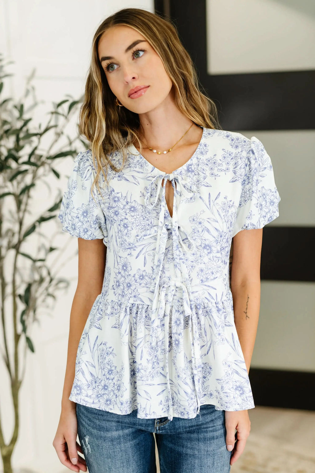 Dainty Lil' Thing Balloon Sleeve Blouse in Ivory/Blue - SwagglyLife Home & Fashion