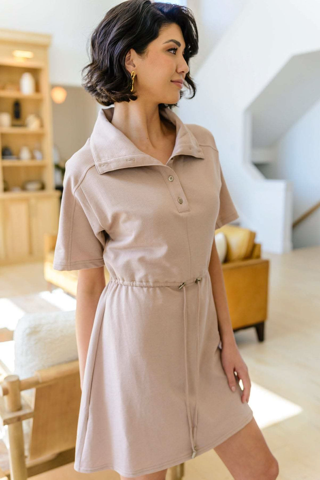 Darla Button Up Collared Dress in Taupe - SwagglyLife Home & Fashion