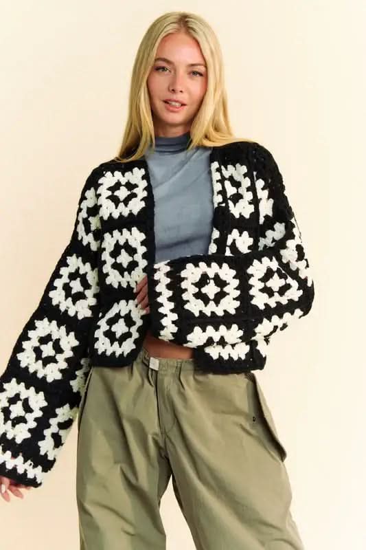 Davi & Dani Full Size Two Tone Flower Square Crochet Open Front Cardigan in - Cardigans photo
