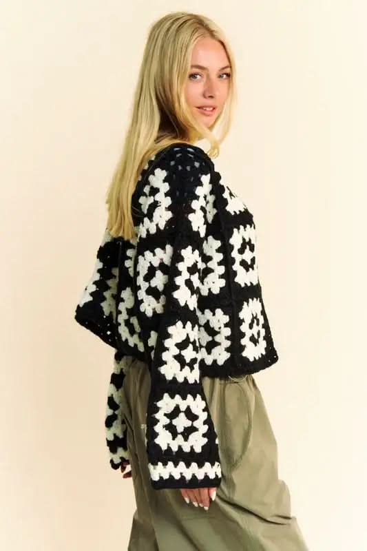 Davi & Dani Full Size Two Tone Flower Square Crochet Open Front Cardigan in - Cardigans photo