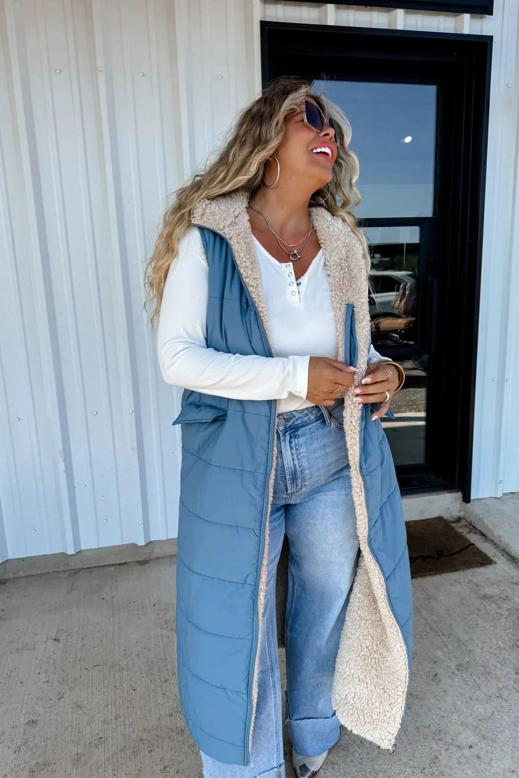 PREORDER: Reversible Sherpa Puffer Vest in Blue - Womens photo