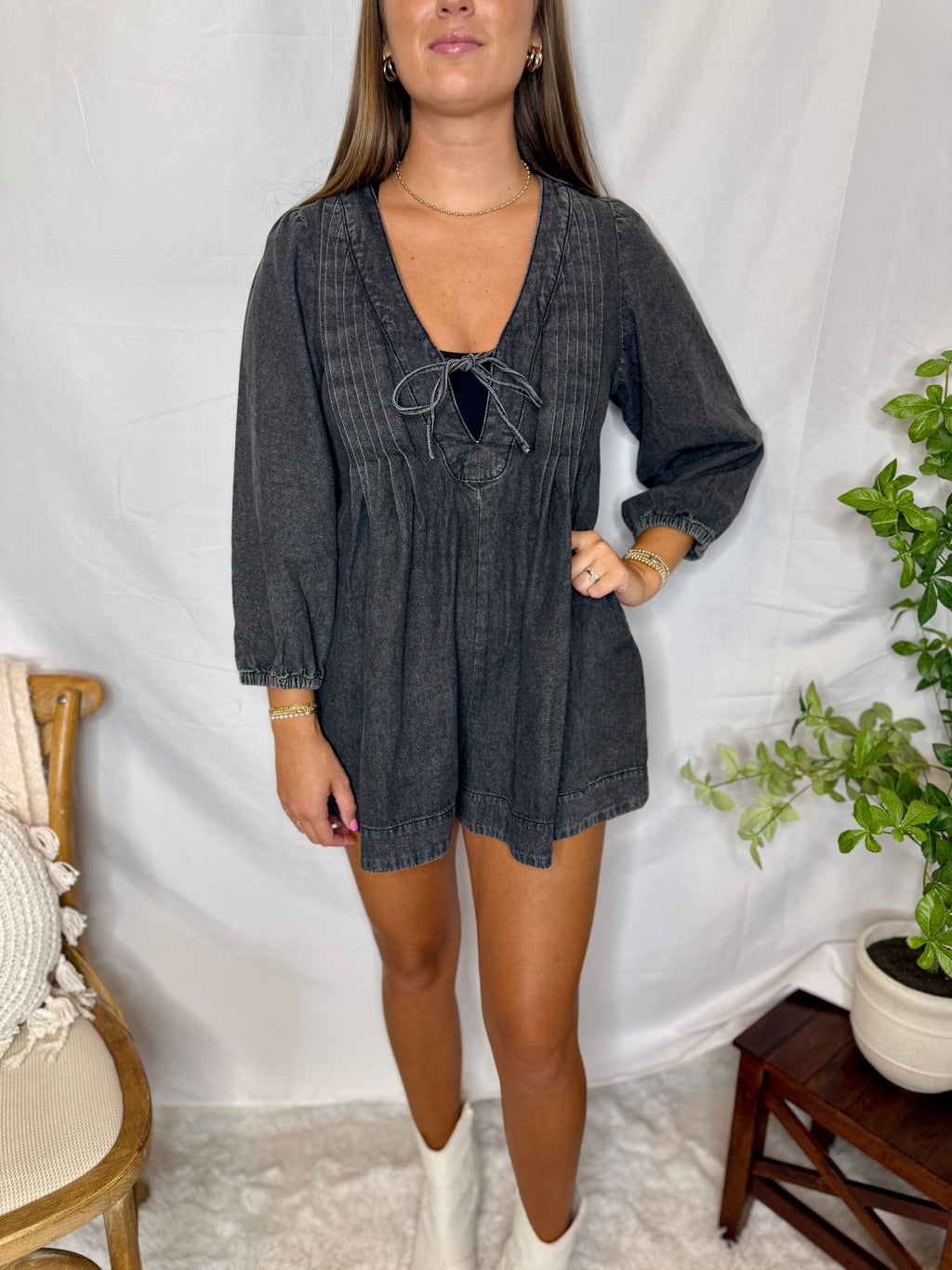 V-neck Puff Sleeve Denim Romper in - photo