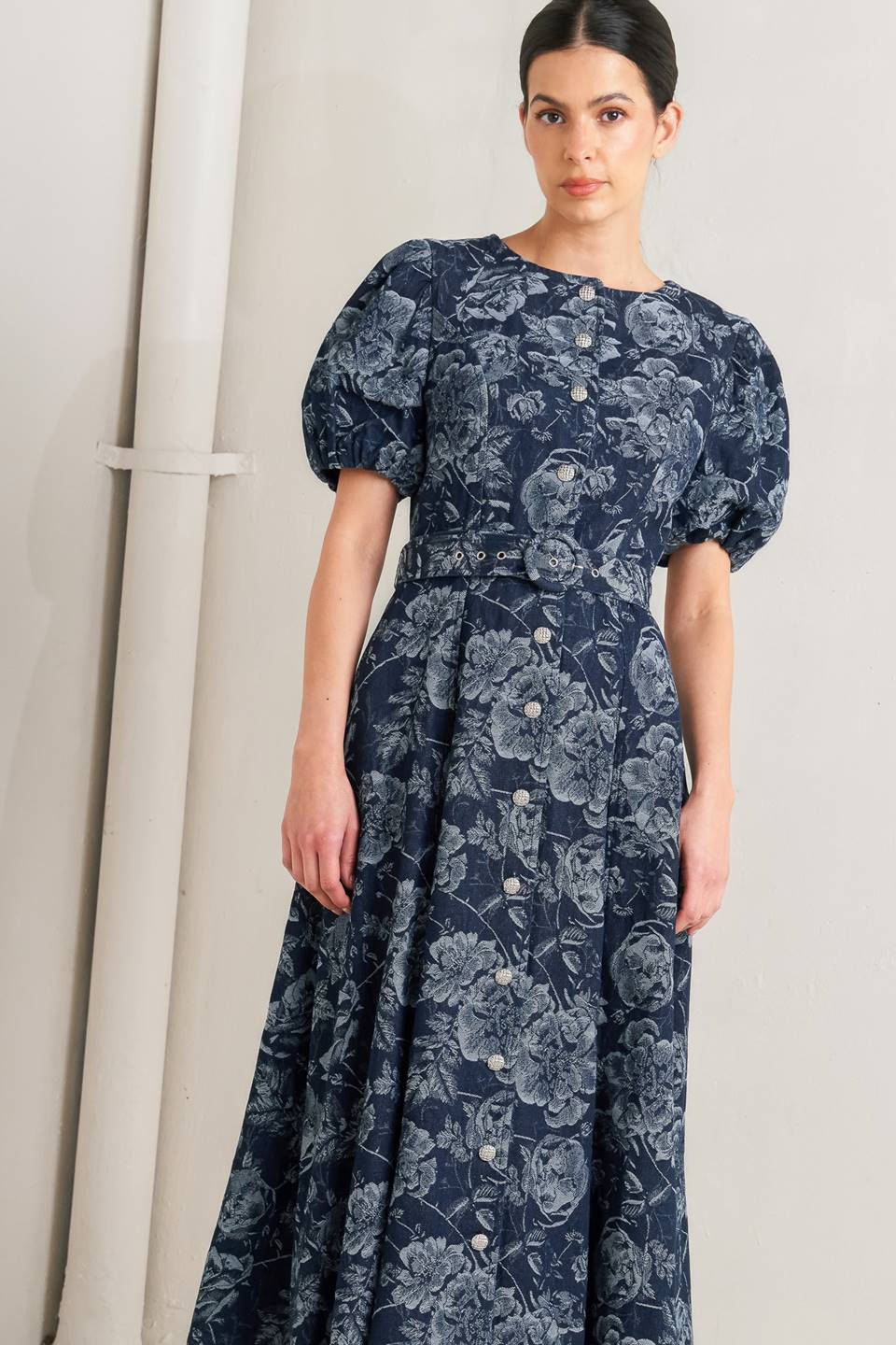 Dark Bloom Jacquard Denim Midi Dress in - DRESSES photo