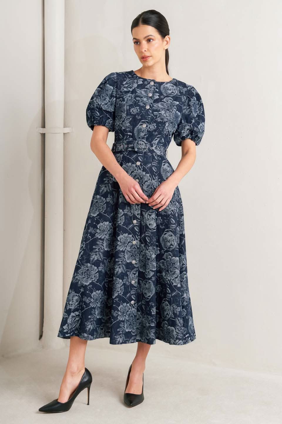 DARK BLOOM JACQUARD DENIM MIDI DRESS in - DRESSES photo