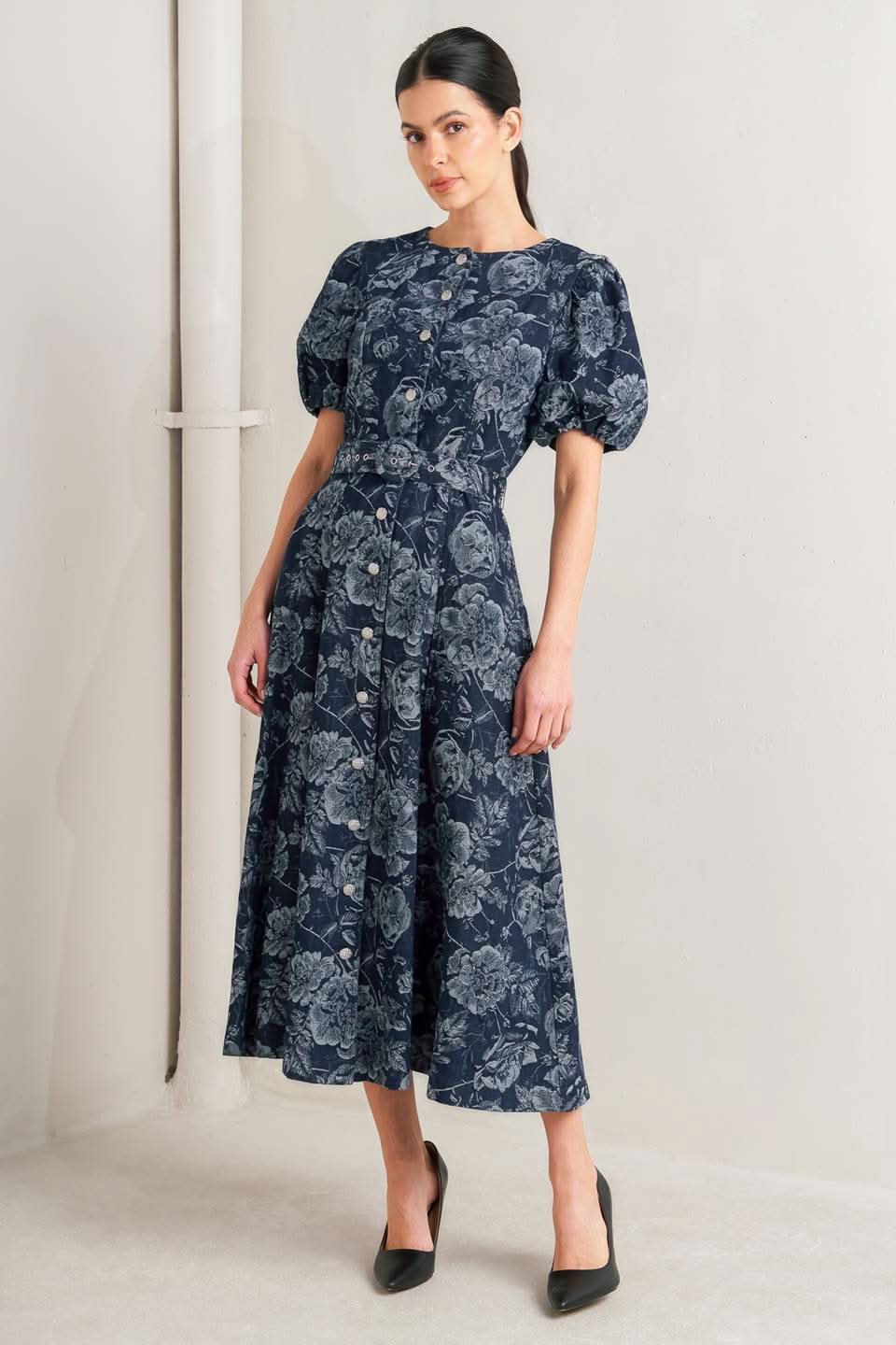 DARK BLOOM JACQUARD DENIM MIDI DRESS in - DRESSES photo