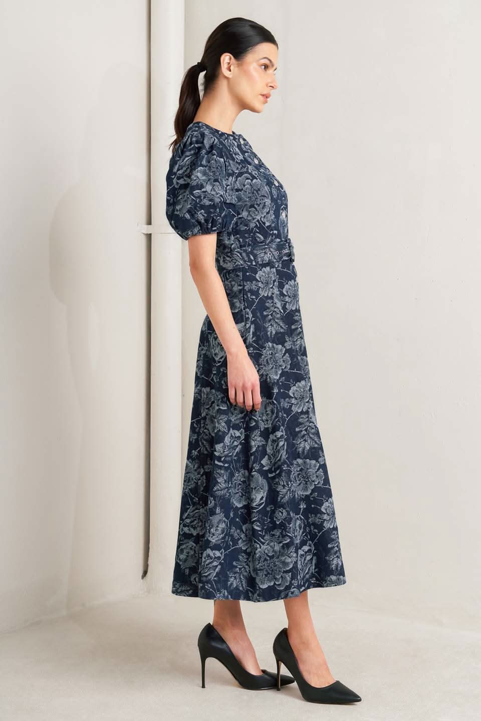 DARK BLOOM JACQUARD DENIM MIDI DRESS in - DRESSES photo