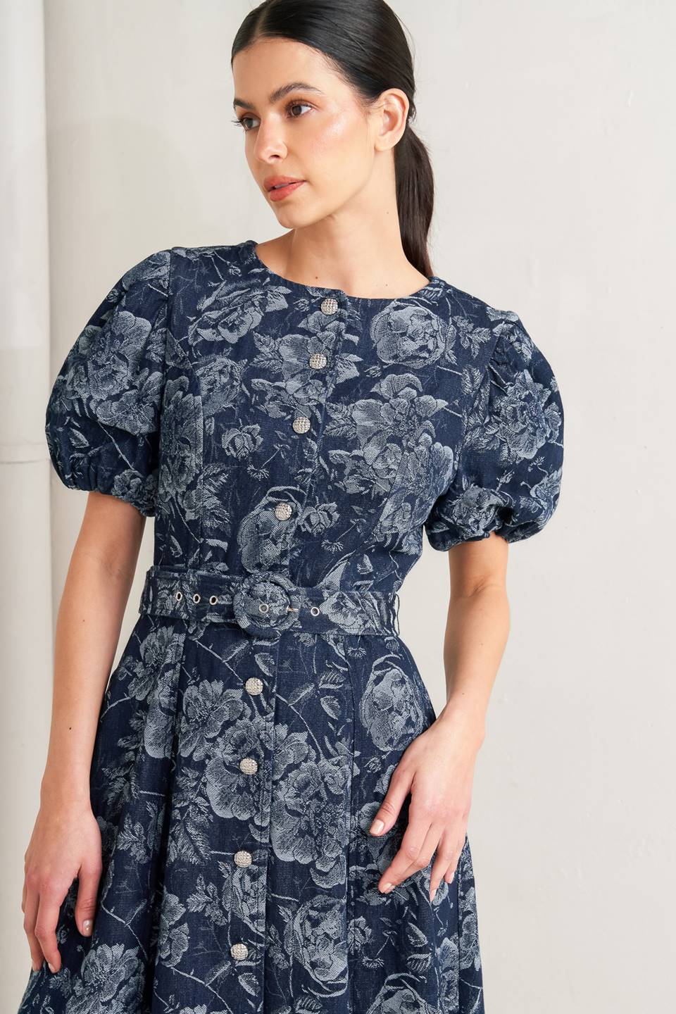 Dark Bloom Jacquard Denim Midi Dress in - DRESSES photo