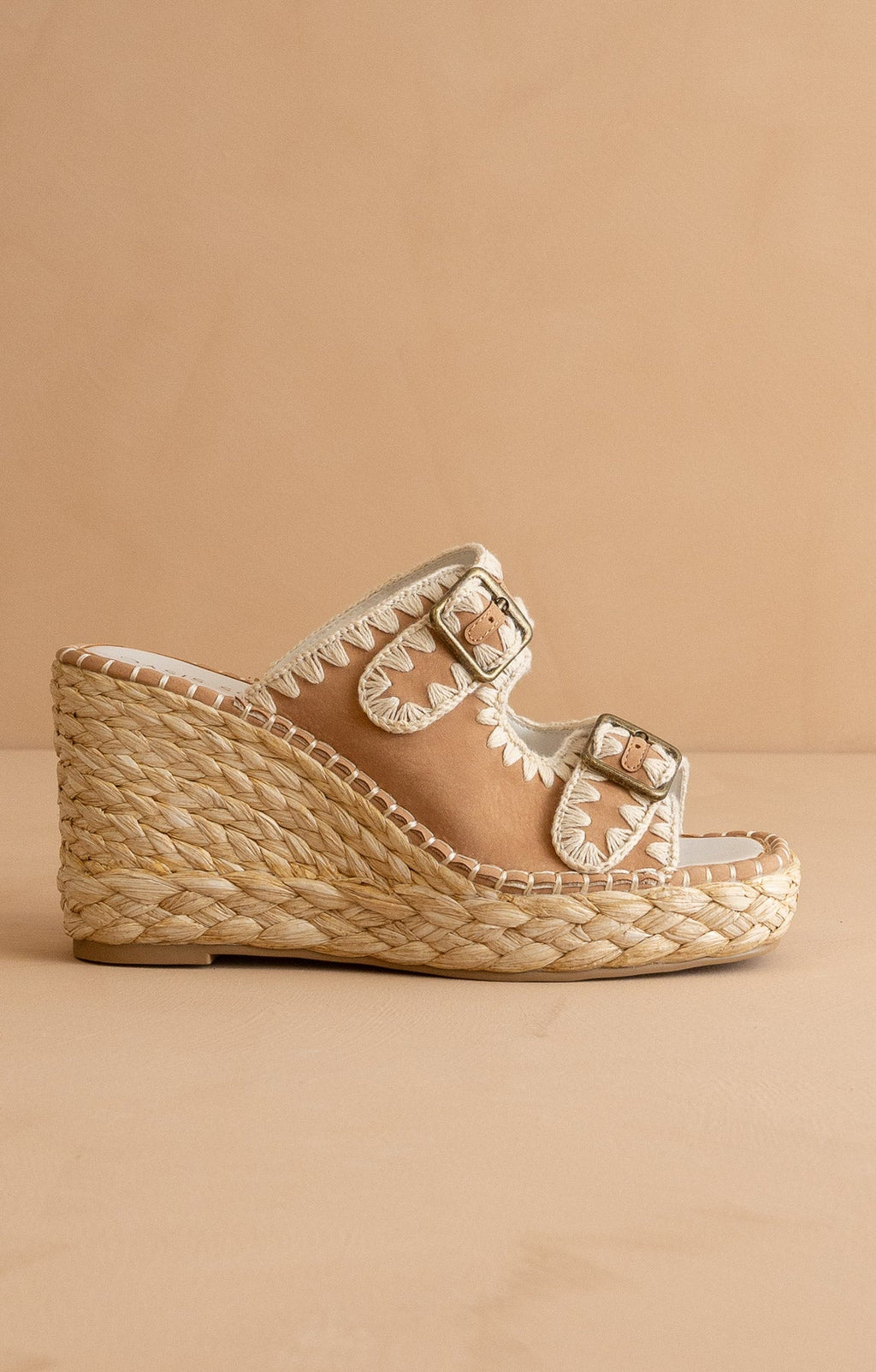The Rae | Camel Embroidered Espadrille Wedges With Double Buckle Straps in - WEDGE photo