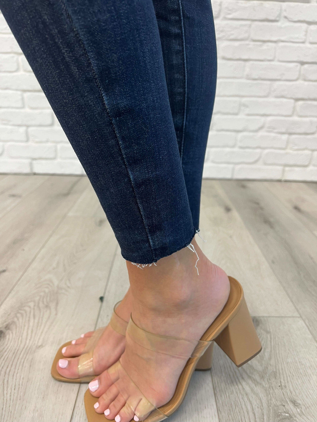 Fallon Mid Rise Adjustable Waist Raw Hem Skinny Jeans in - Womens photo