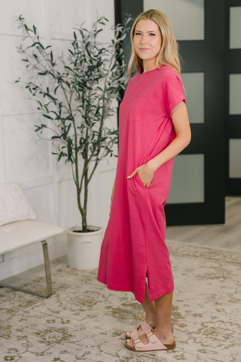 Fix You Right Up Short Sleeve Midi Dress in Hot Pink in - Womens photo