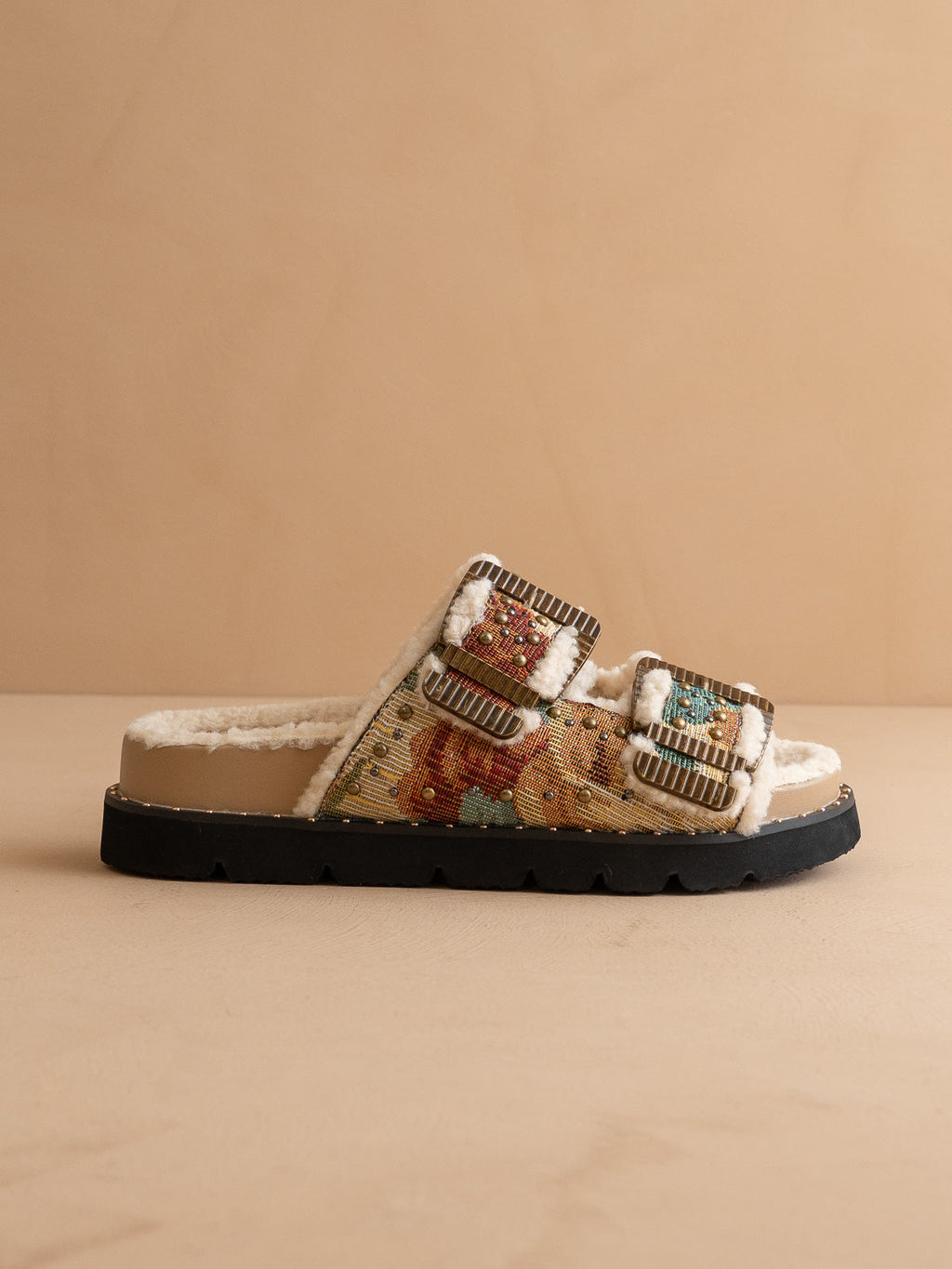 The Gaylen | Floral Tapestry Fleece Lined Slipper Slide in - SANDALS photo