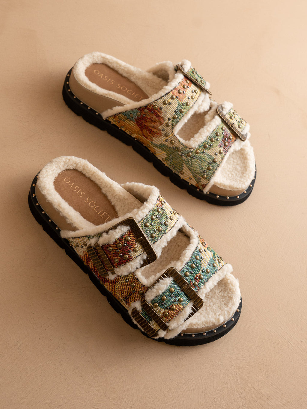 The Gaylen | Floral Tapestry Fleece Lined Slipper Slide in - SANDALS photo