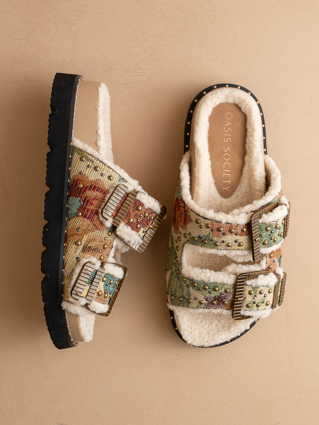 The Gaylen | Floral Tapestry Fleece Lined Slipper Slide in - SANDALS photo