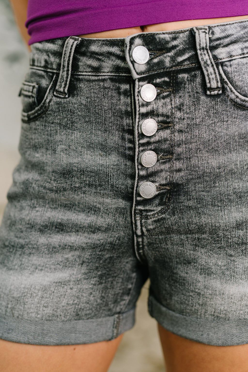 Greyson High Rise Button Fly Cuffed Shorts in Grey -