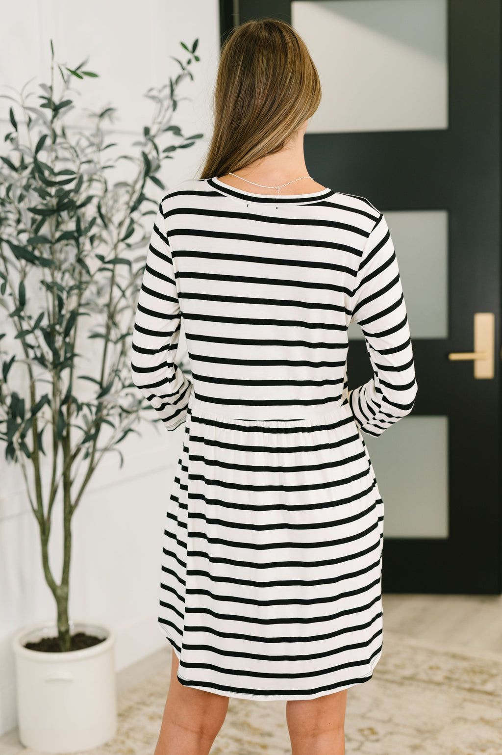 Haute Mess Scooped Hem Casual Dress in Black and White Striped in - Womens photo