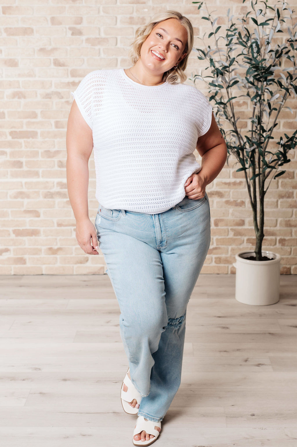 Here for More Open Knit Cap Sleeve Sweater in - Tops photo