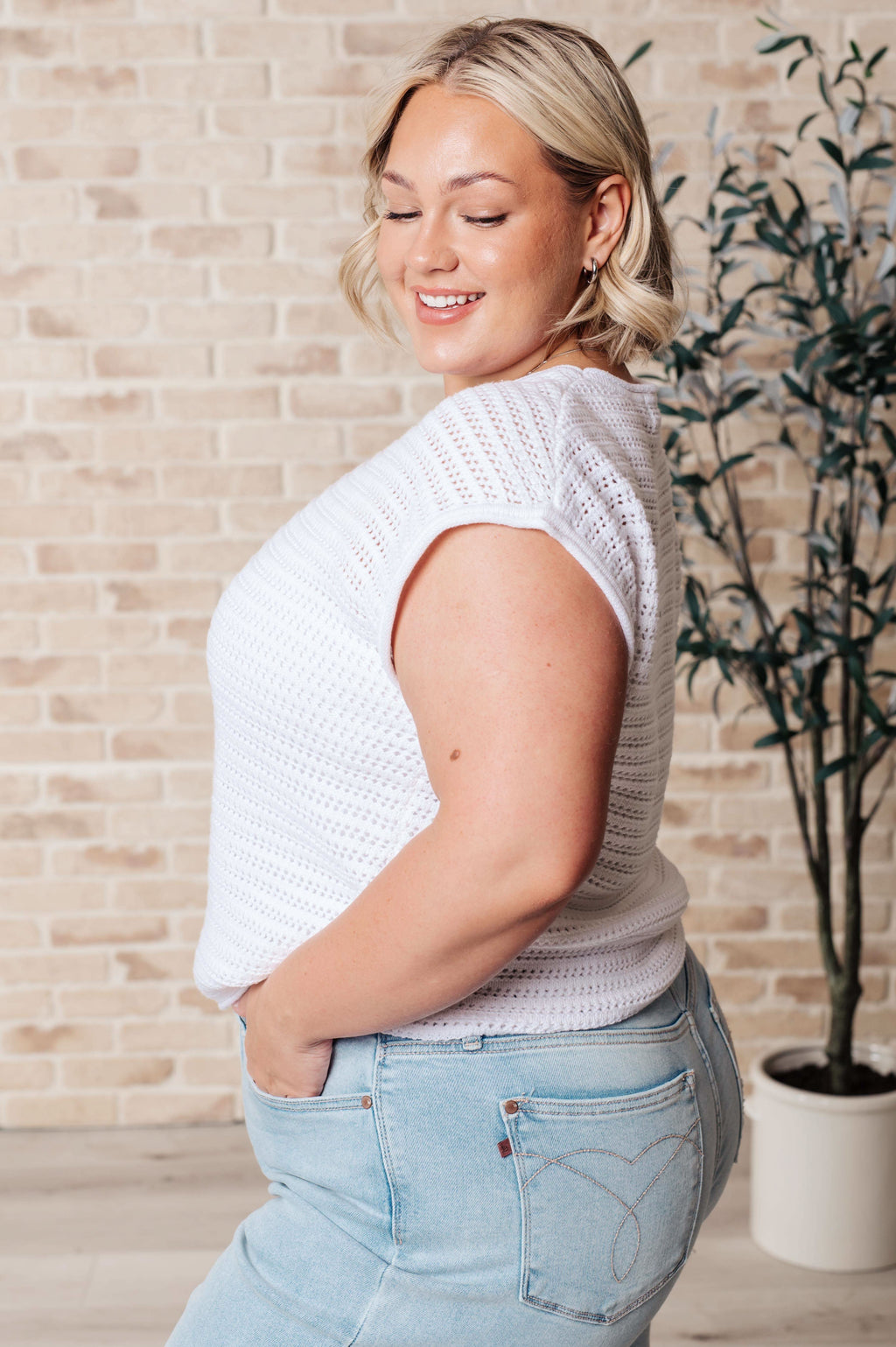 Here for More Open Knit Cap Sleeve Sweater in - Tops photo