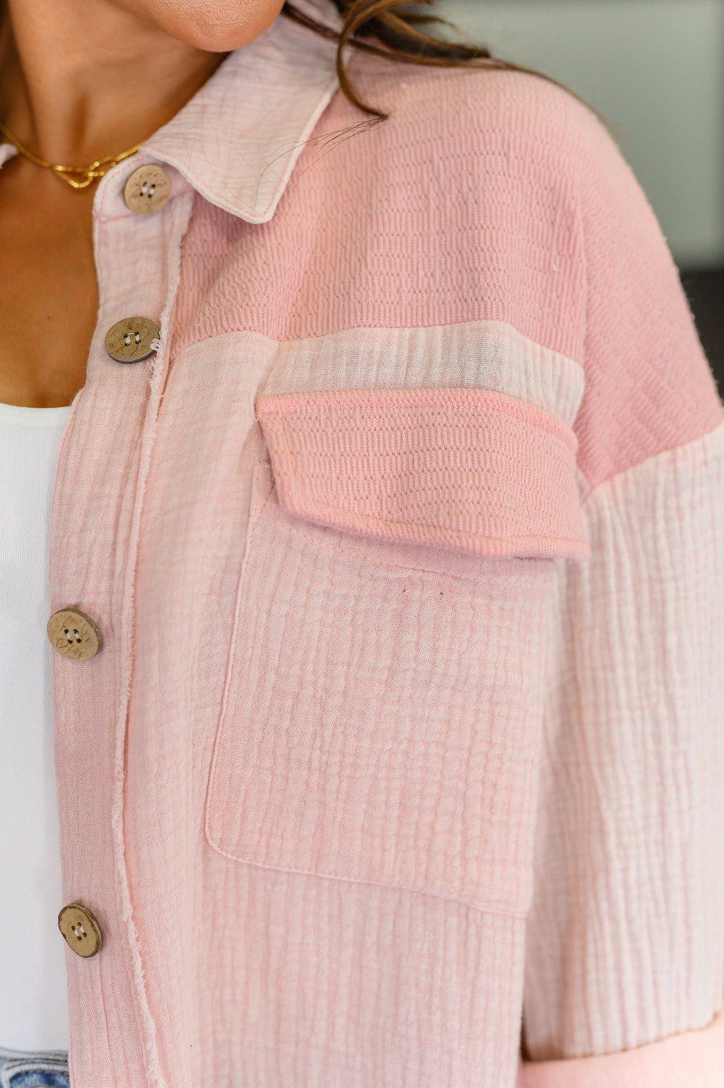 Hot & Unbothered Full Front Button Down Shacket in Pink in - Womens photo