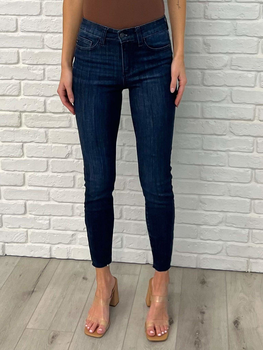 Fallon Mid Rise Adjustable Waist Raw Hem Skinny Jeans in - Womens photo