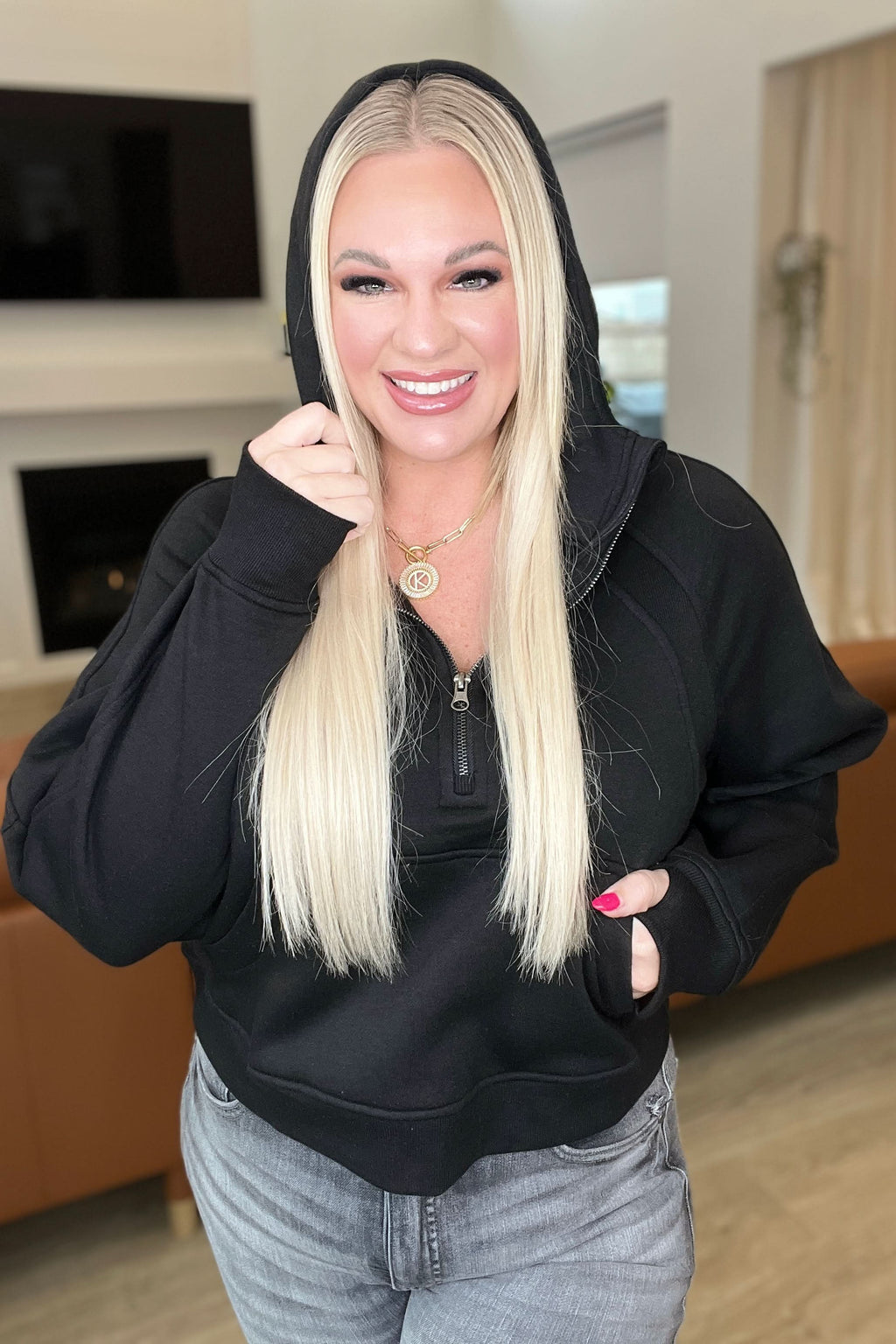 Half Zip Cropped Hoodie in Black in - Tops photo