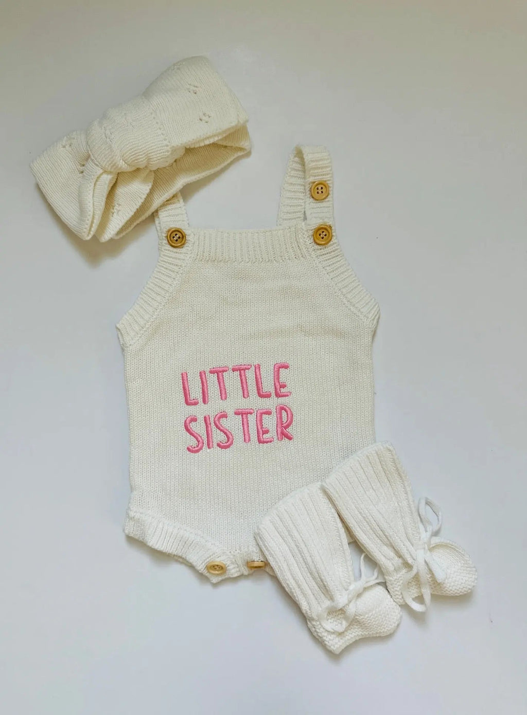 Newborn Knit Romper Set – Hello World, LITTLE SISTER and LITTLE BROTHER Embroidered Baby Outfit with Hat & Booties or Headband | Soft Coming Home Outfit in LITTLE SISTER + headband + booties Newborn - Kids clothes photo