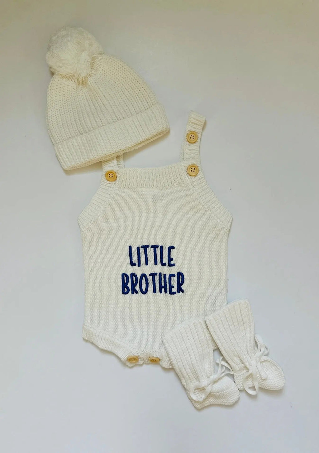 Newborn Knit Romper Set – Hello World, LITTLE SISTER and LITTLE BROTHER Embroidered Baby Outfit with Hat & Booties or Headband | Soft Coming Home Outfit in LITTLE BROTHER + hat + booties Newborn - Kids clothes photo