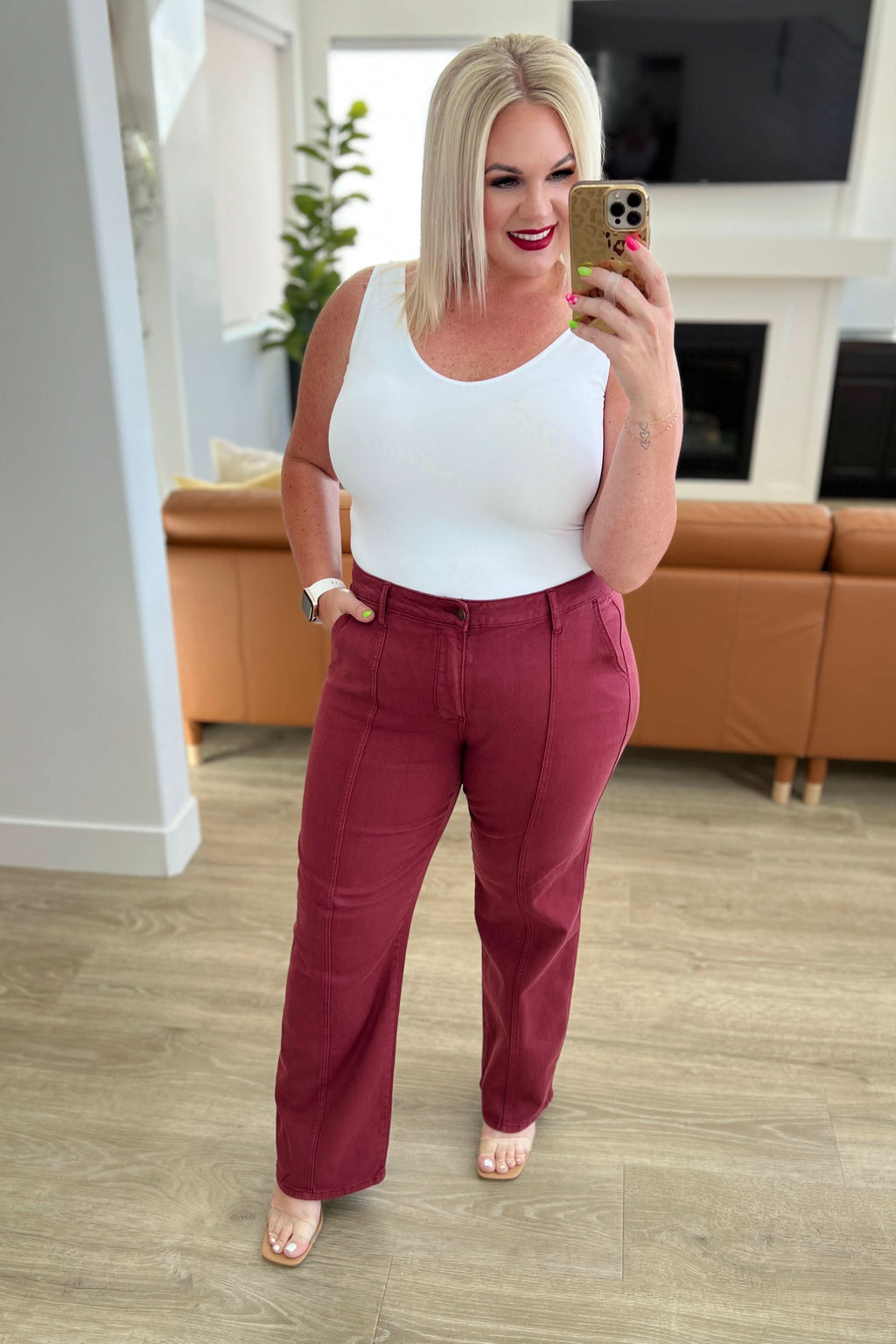 Phoebe High Rise Front Seam Straight Jeans in Burgundy in - Denim photo