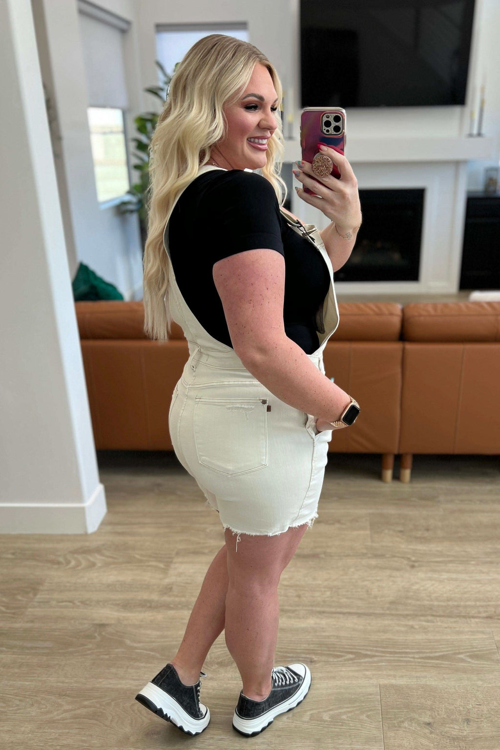 Anna High Rise Garment Dyed Cutoff Shortalls in Ecru in - Denim photo