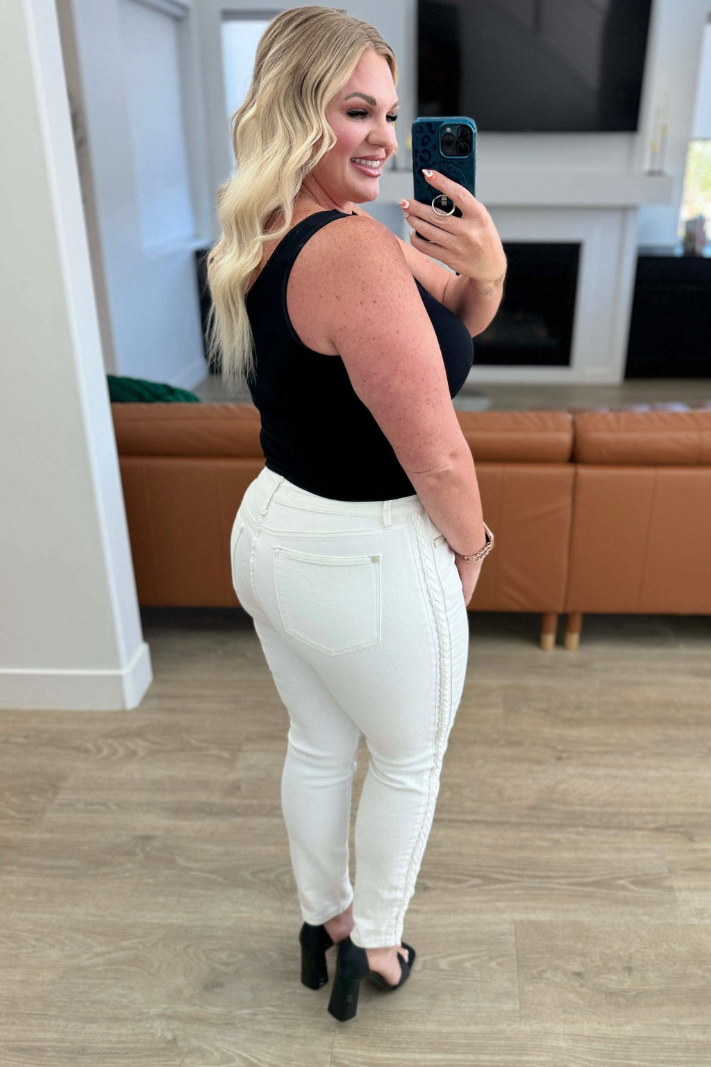 Maddie Mid Rise Braided Side Seam Relaxed Jeans in - Denim photo