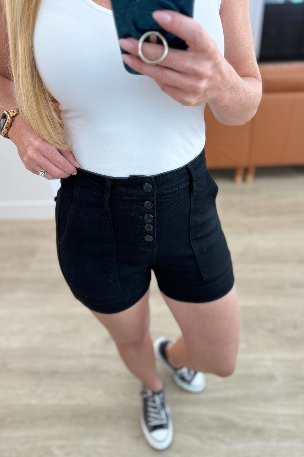 Reagan High Rise Button Fly Trouser Shorts in - Denim photo
