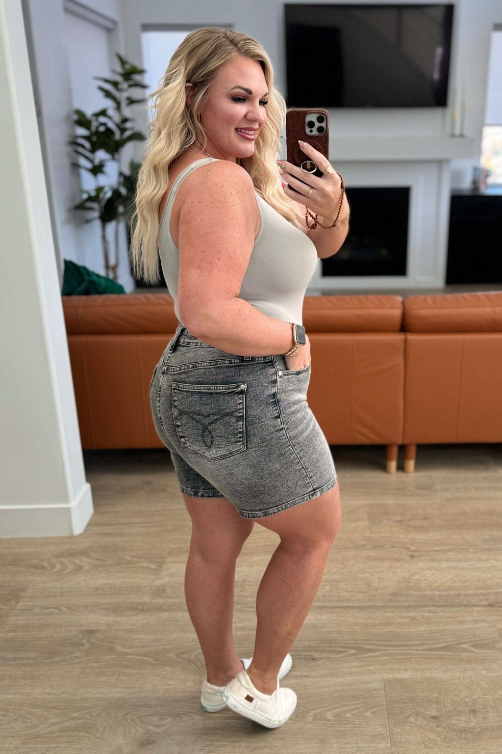 Greyson High Rise Button Fly Cuffed Shorts in - Denim photo