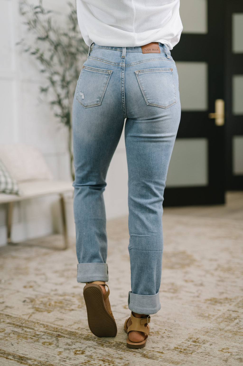 Aiden High Rise Patch Pocket Distressed Boyfriend Jeans in - Denim photo
