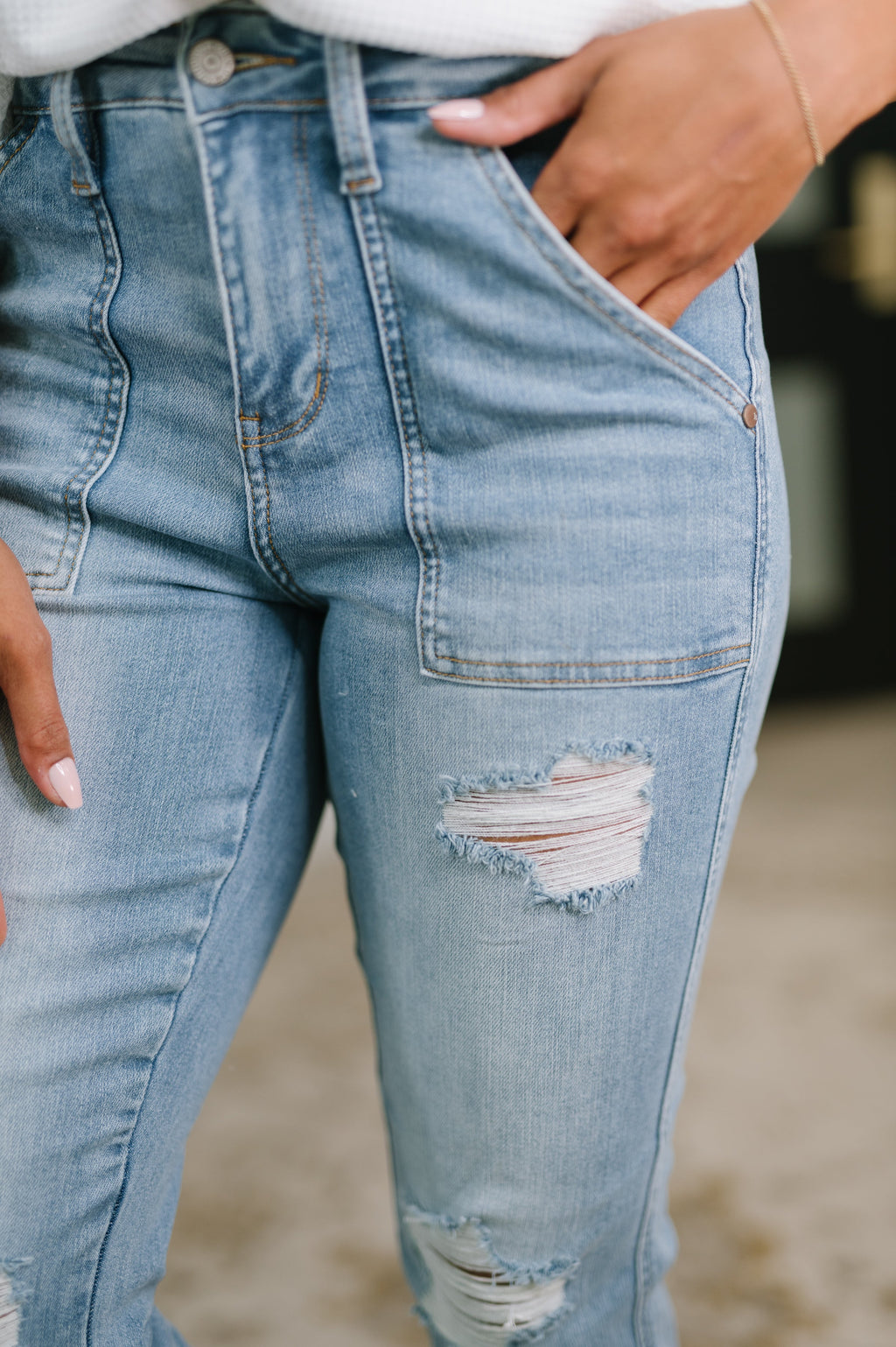 Aiden High Rise Patch Pocket Distressed Boyfriend Jeans in - Denim photo