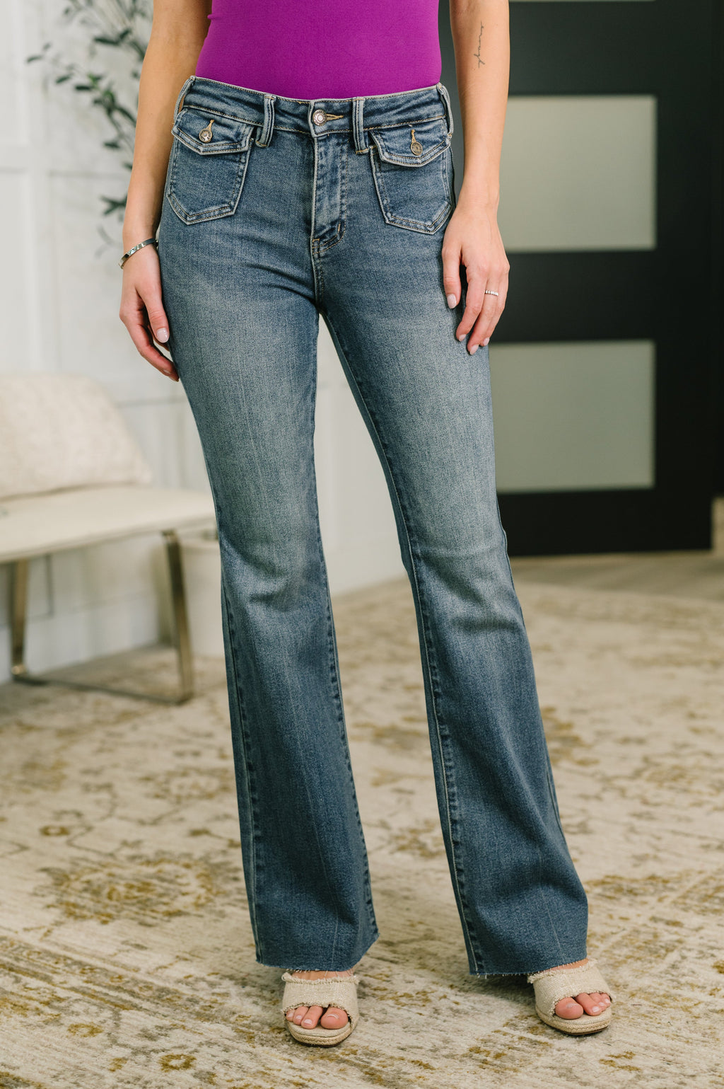 Jackie Mid Rise Flare Jean with Front Flap Pockets in - Womens photo