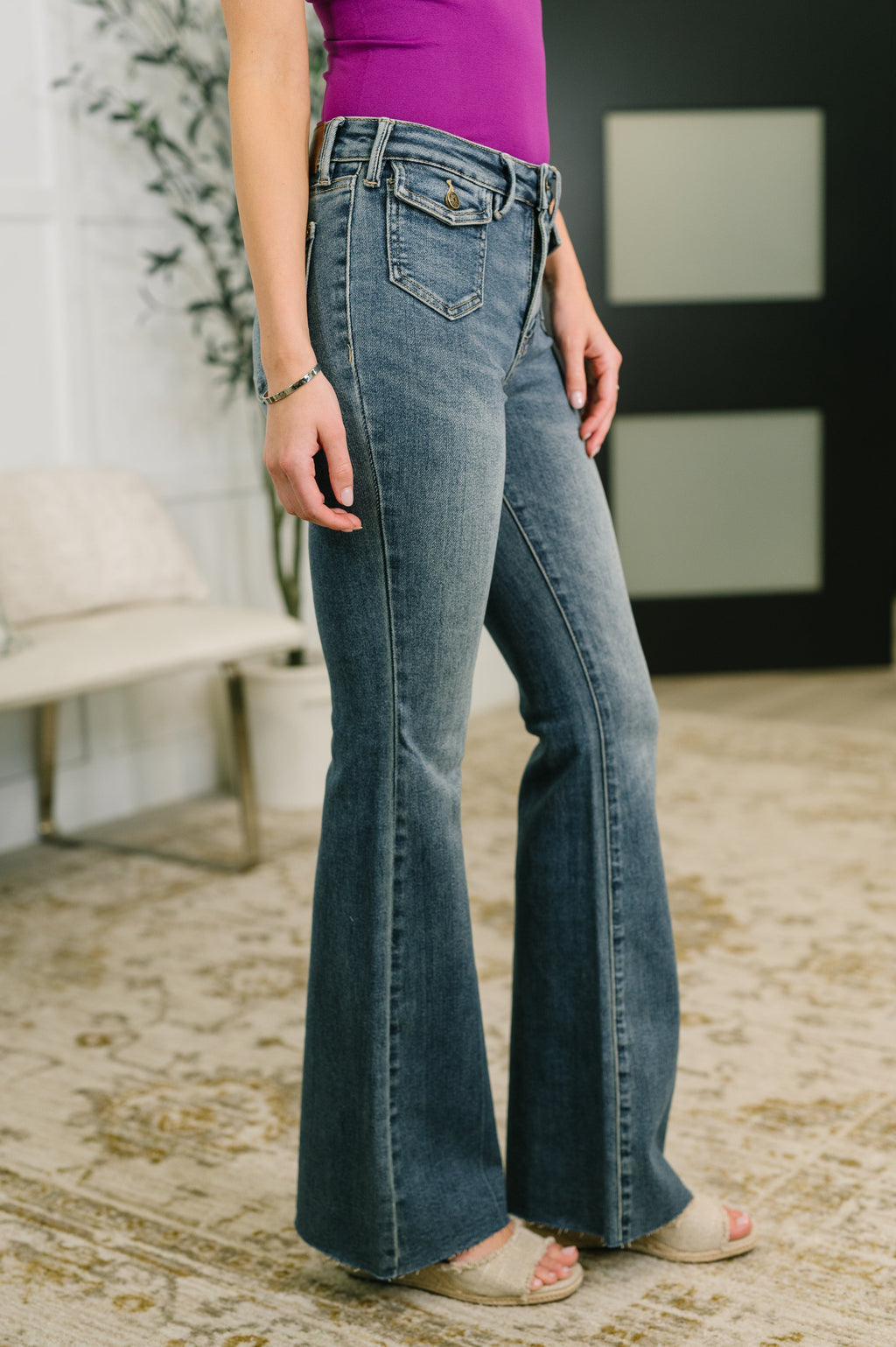 Jackie Mid Rise Flare Jean with Front Flap Pockets in - Womens photo