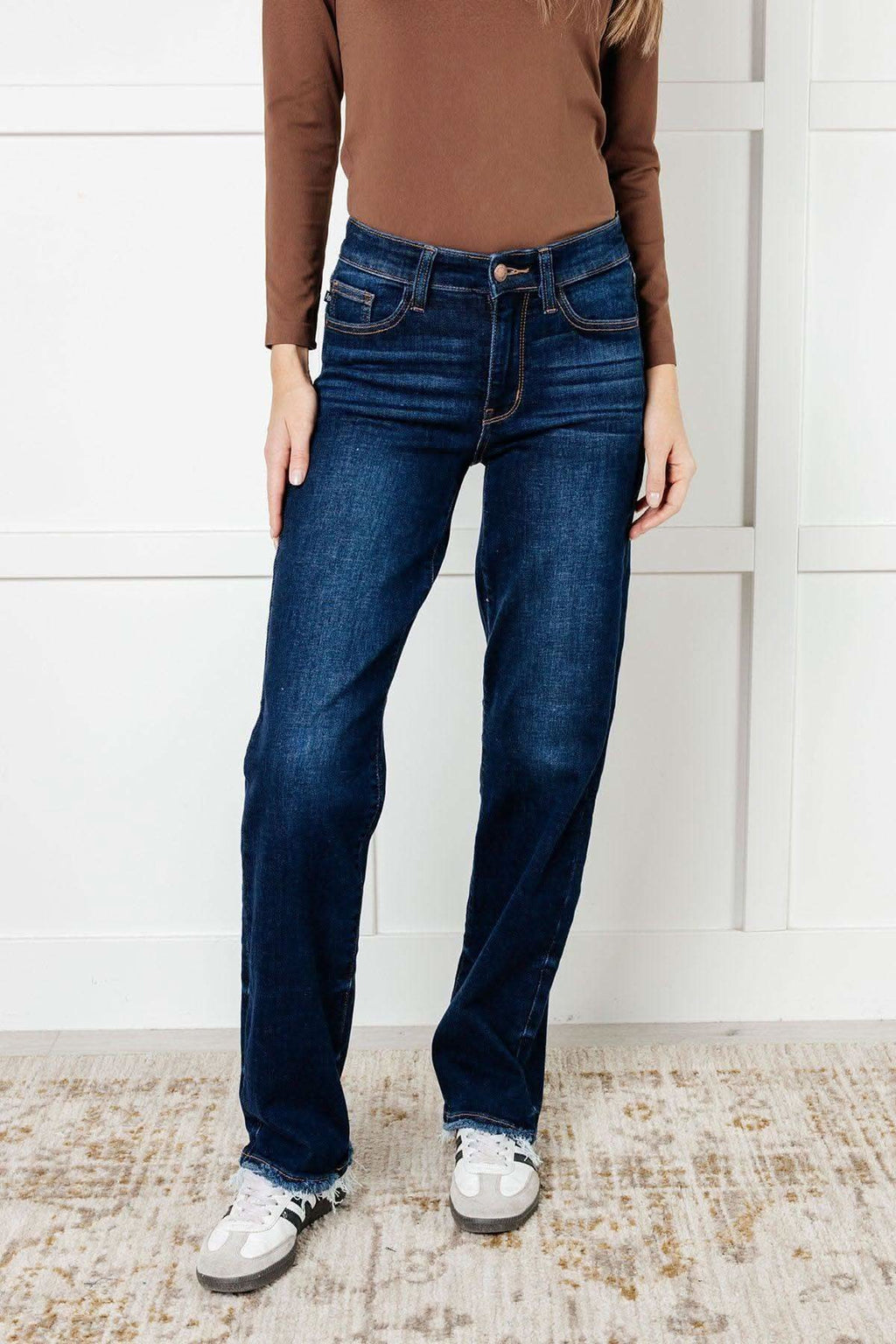 Judy Blue Jacqueline Mid Rise Frayed Hem Straight Leg Jean in - Denim photo