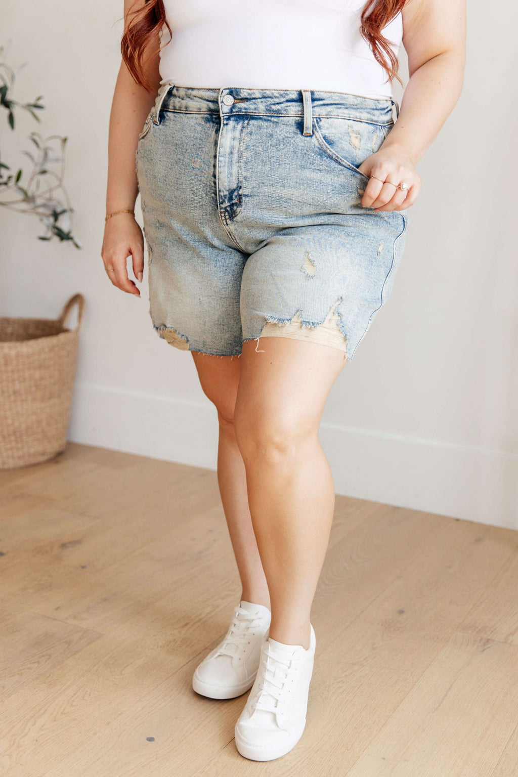 Cindy High Rise Mineral Wash Distressed Boyfriend Shorts in - Denim photo