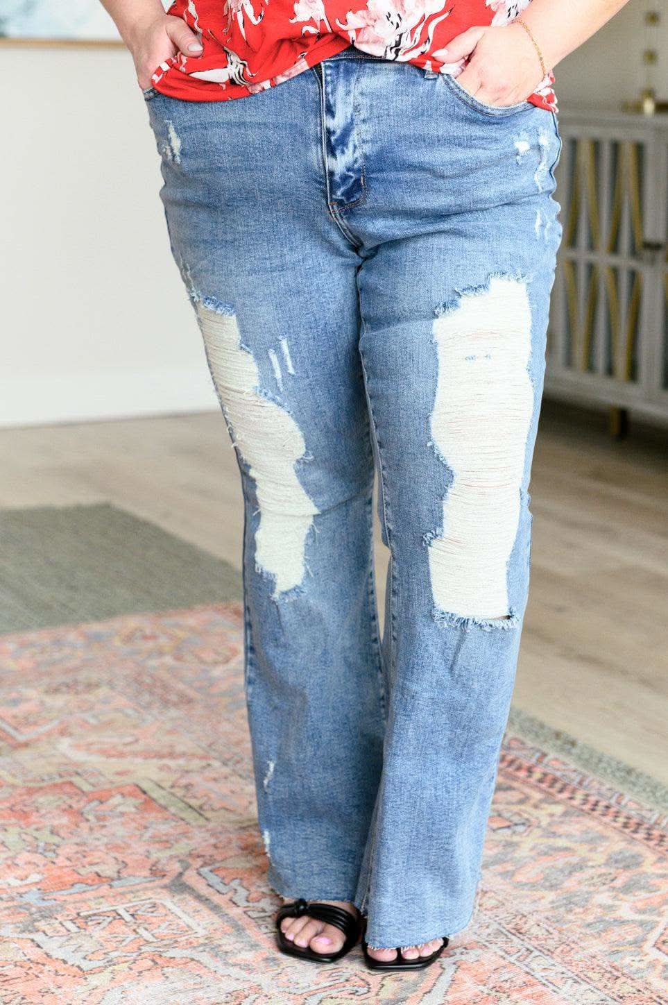 Kiana High Rise Heavy Destroy Flare in - Denim photo
