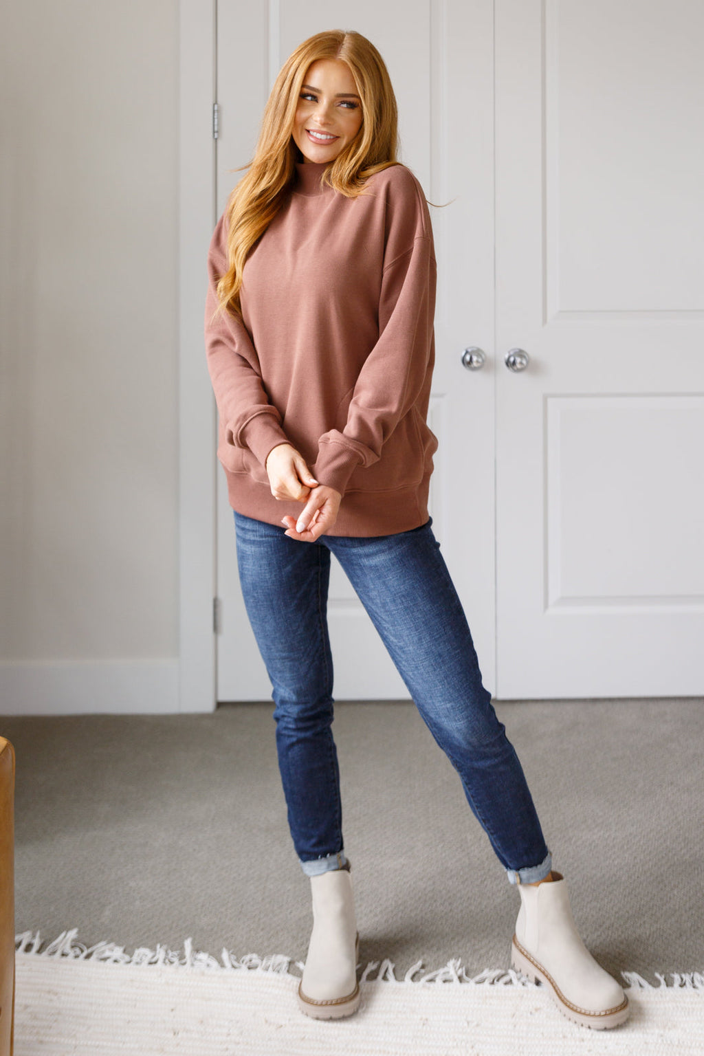 Make No Mistake Mock Neck Pullover in Cocoa in - Tops photo