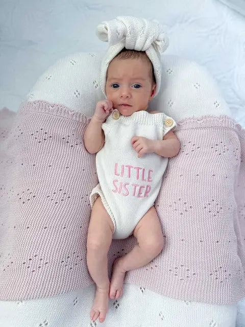 Newborn Knit Romper Set – Hello World, LITTLE SISTER and LITTLE BROTHER Embroidered Baby Outfit with Hat & Booties or Headband | Soft Coming Home Outfit in - Kids clothes photo