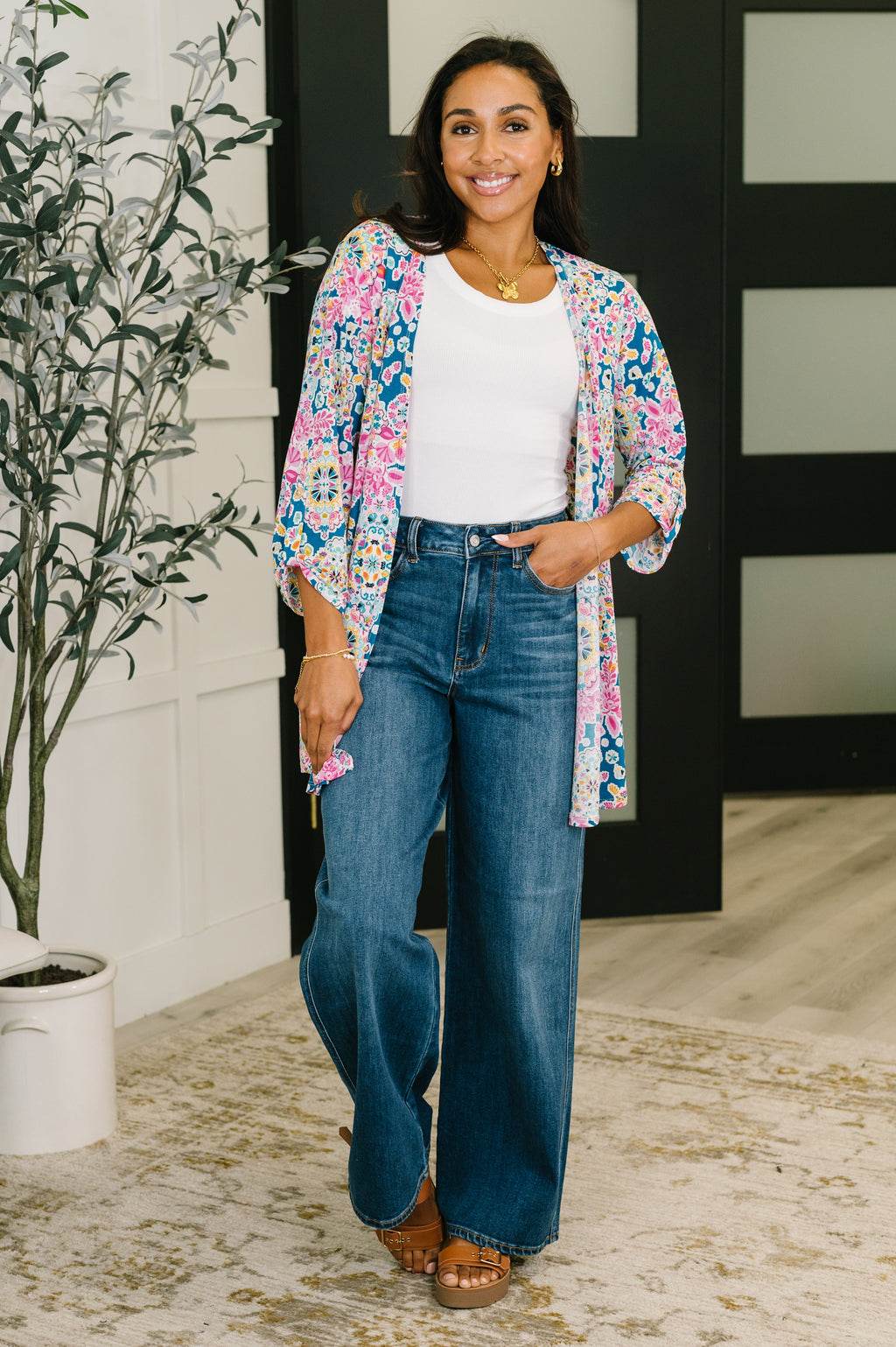 Lizzy Cardigan in Teal and Pink Floral Abstract in - Womens photo