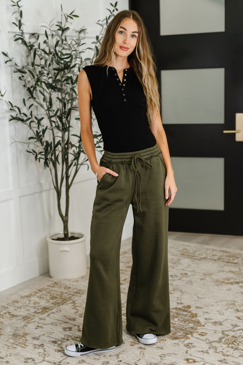 Lounge Line Wide Leg Sweats in Dark Olive in - Womens photo