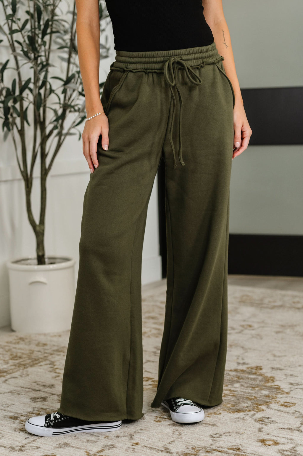 Lounge Line Wide Leg Sweats in Dark Olive in - Womens photo