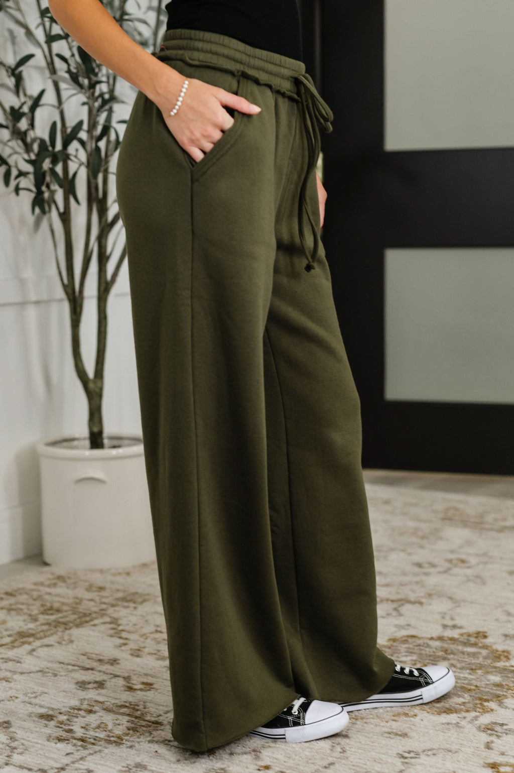 Lounge Line Wide Leg Sweats in Dark Olive in - Womens photo