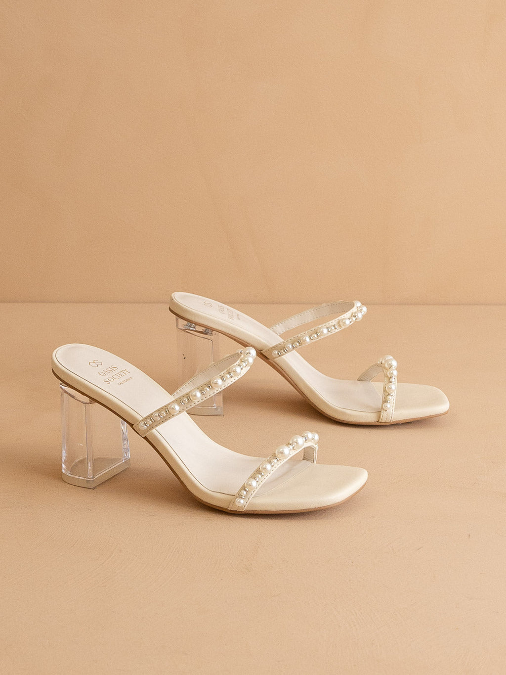 The Mae | Beige Wedding Pearl Detail Clear Block Heel in - HEELS photo